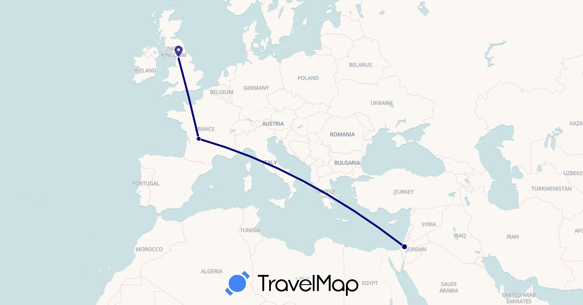 TravelMap itinerary: driving in France, United Kingdom, Palestinian Territories (Asia, Europe)